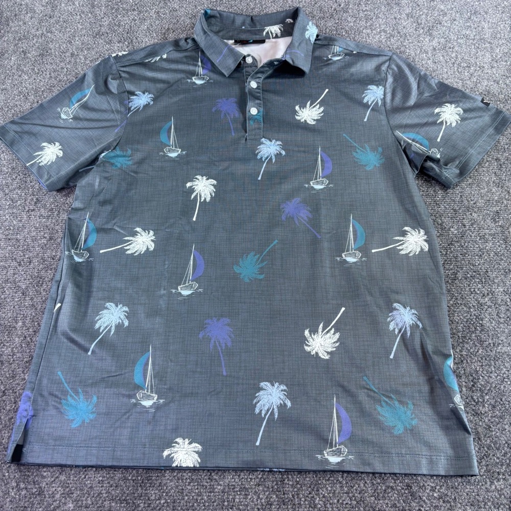 Yatta Golf Polo Shirt Mens Medium Grey Tropical Palm Tree Sailboat Performance